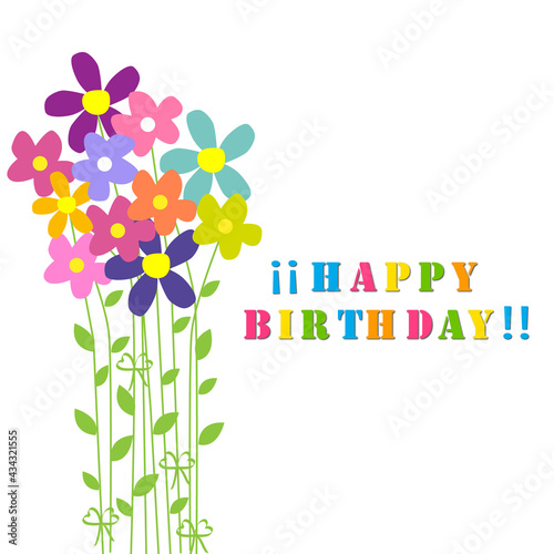 Felicitación de cumpleaños con ramo de flores de colores.