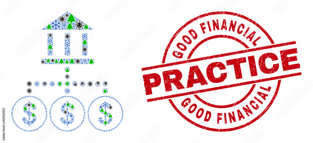 Winter pandemic combination bank hierarchy, and rubber Good Financial Practice red round stamp imitation. Collage bank hierarchy is formed with infection, forest, and snow items. Winter pandemic combination bank hierarchy, and rubber Good Financial Practice red round stamp imitation. Collage bank hierarchy is formed with infection, forest, and snow items.