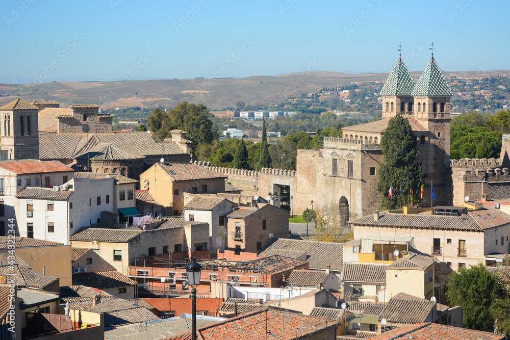 Toledo, Spain - October 29, 2020: View to the gate Puerta de Bisagra and old town