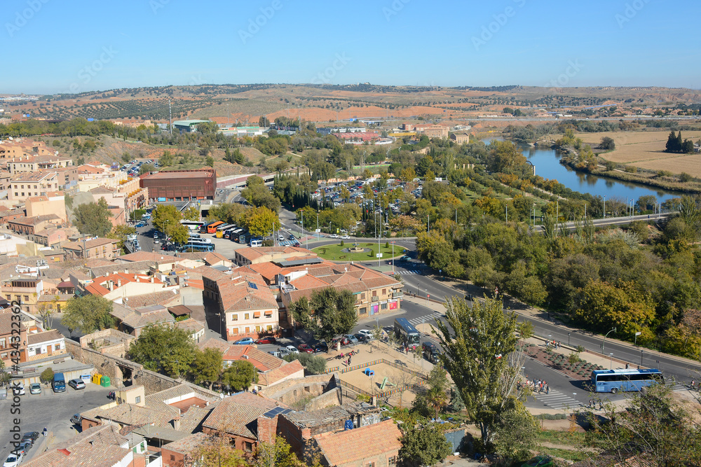 Toledo, Spain - October 29, 2020: View to the old town and Tagus river from the hill