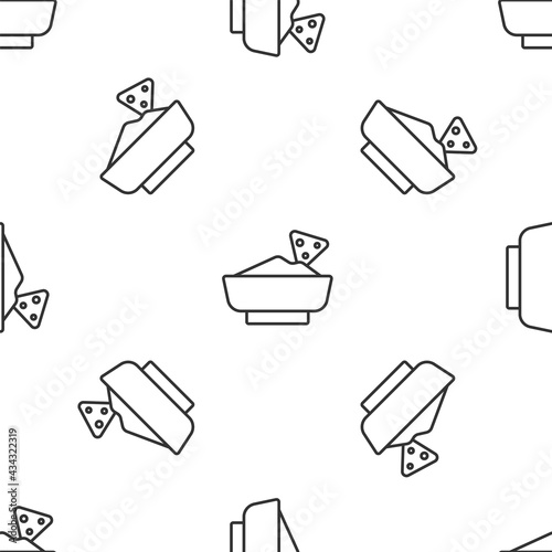 Grey line Nachos in bowl icon isolated seamless pattern on white background. Tortilla chips or nachos tortillas. Traditional mexican fast food menu. Vector