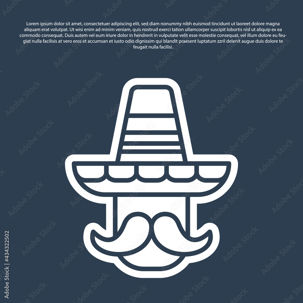 Blue line Mexican man wearing sombrero icon isolated on blue background. Hispanic man with a mustache. Vector