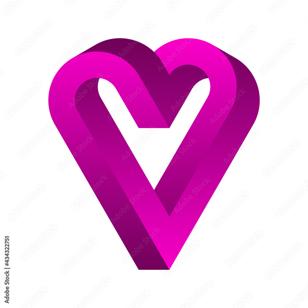 Impossible purple heart shape. 3D optical illusion. Endless love. Infinite object. Abstract eternal geometric figure. Love symbol. Isometric geometry heart sign, white background. Vector illustration Impossible purple heart shape. 3D optical illusion. Endless love. Infinite object. Abstract eternal geometric figure. Love symbol. Isometric geometry heart sign, white background. Vector illustration