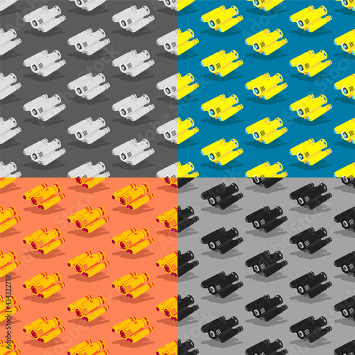 set of seamless patterns with yellow autonomous underwater robot drone. Children toys and entertainment. Ornament for decoration and printing on fabric. Design element. Vector