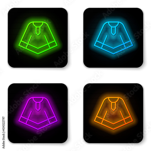 Glowing neon line Traditional mexican poncho clothing icon isolated on white background. Black square button. Vector