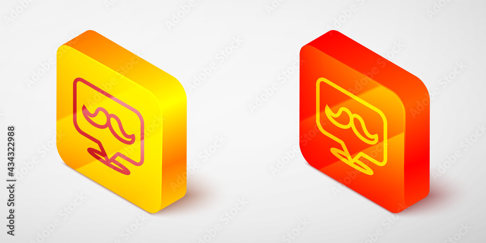 Isometric line Mustache icon isolated on grey background. Barbershop symbol. Facial hair style. Yellow and orange square button. Vector Isometric line Mustache icon isolated on grey background. Barbershop symbol. Facial hair style. Yellow and orange square button. Vector