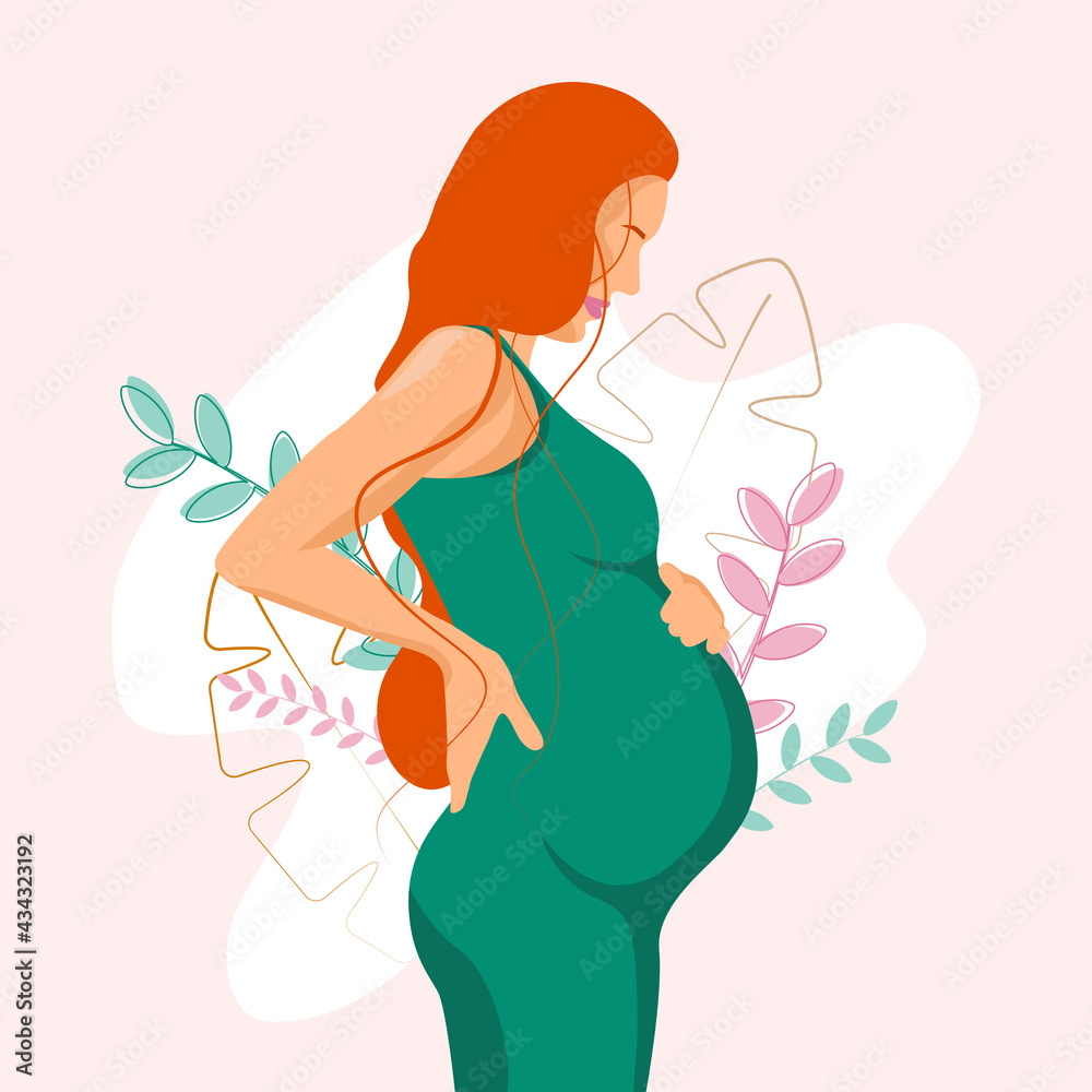 Pregnant woman waiting for baby on pink floral background isolated on white. Vector illustration Pregnant woman waiting for baby on pink floral background isolated on white. Vector illustration