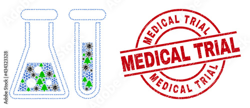Winter pandemic mosaic chemical glassware, and distress Medical Trial red round stamp print. Collage chemical glassware is designed from virus, green tree, and snowflake symbols.