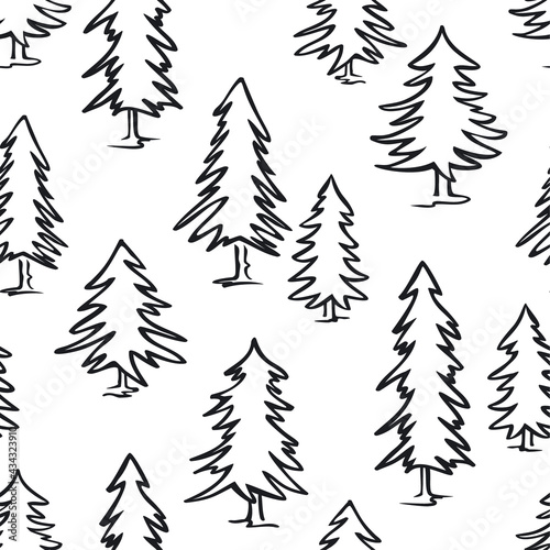 black and white doodle pine trees seamless pattern