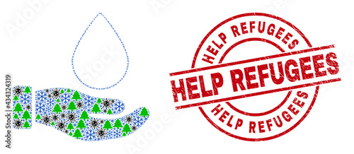 Winter coronavirus composition blood donation hand, and distress Help Refugees red round stamp seal. Collage blood donation hand is formed from Covid-2019, fir-tree, and snow icons.