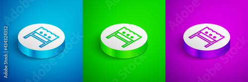 Isometric line BBQ brazier icon isolated on blue, green and purple background. White circle button. Vector
