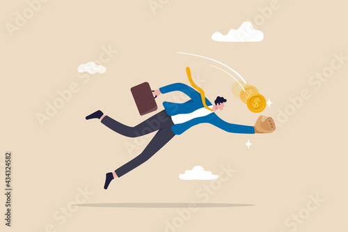 Investment opportunity, catching bargain stock or mutual funds, grab winning profit or earning concept, businessman jump to catch golden money coin with baseball catcher glove.