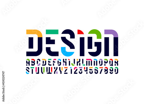 Futuristic original font, sci fi display stencil alphabet, modern multi colored letters and numbers, vector illustration 10EPS