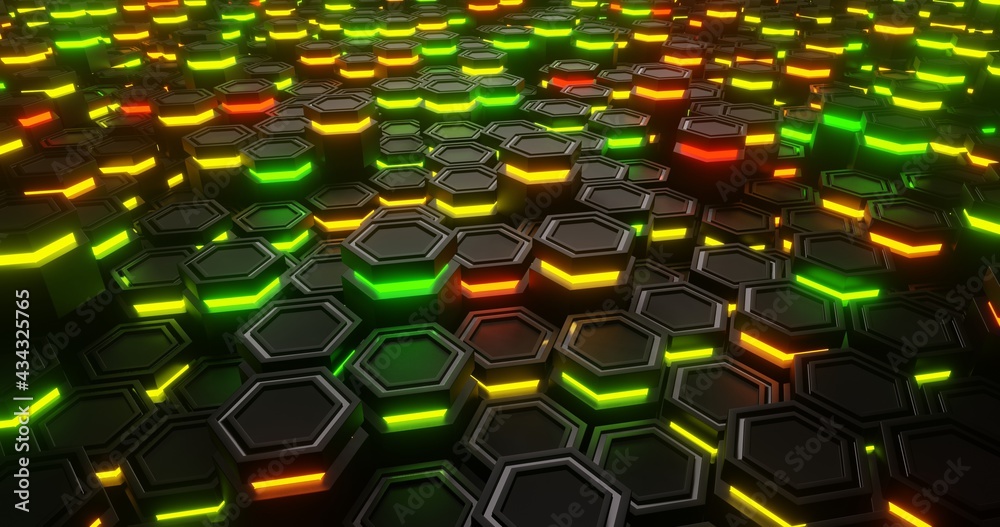 Fototapeta premium Green and Red close-up. Hexagon abstract background. hexagonal structure 3d illustration