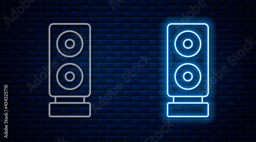 Glowing neon line Stereo speaker icon isolated on brick wall background. Sound system speakers. Music icon. Musical column speaker bass equipment. Vector