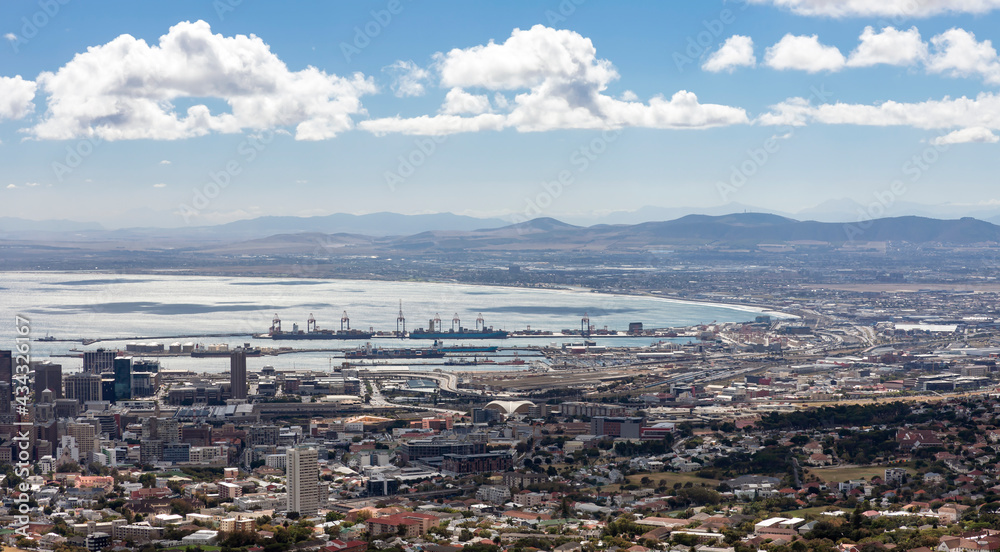Panorama of the coast and the seaport in the bay in Cape Town.
