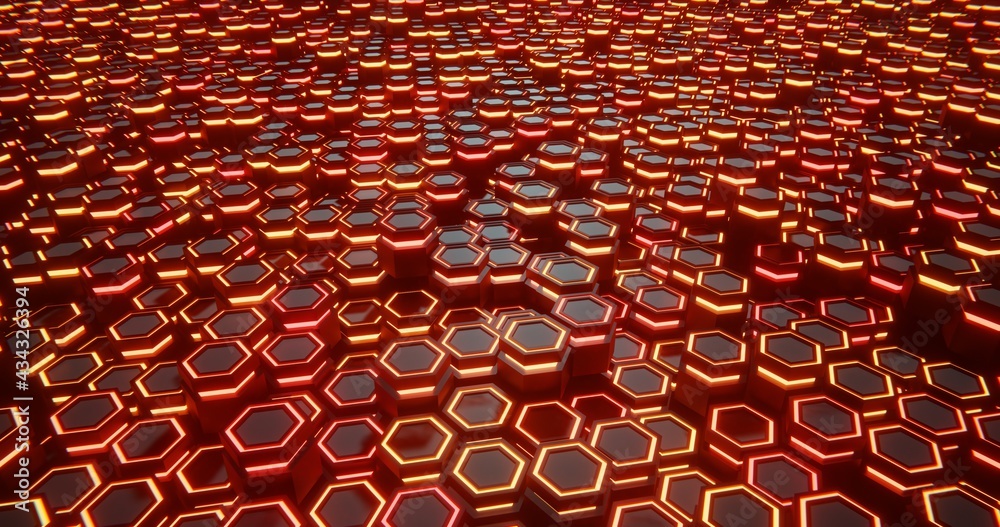 Fototapeta premium Red and orange. Hexagon abstract background. hexagonal structure 3d illustration