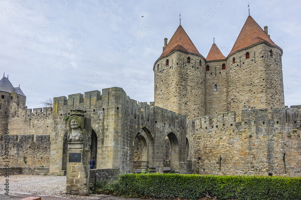 Medieval citadel at Carcassonne - huge and completely over-the-top, encompassing no less than 53 towers, enormous concentric walls, surrounded by a moat. Aude department, region of Occitanie, France.