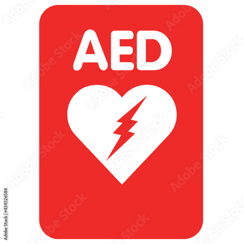 AED,automated external defibrillator / aed sign with heart and electricity symbol flat vector icon	