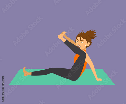 funny woman trying to stretch leg doing yoga exercise. humor yoga class beginner