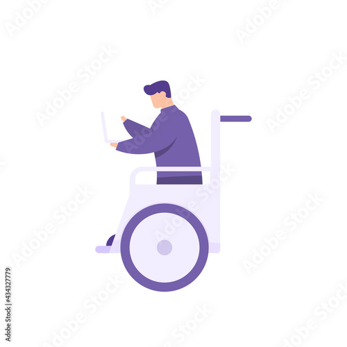 a worker with a disability, employee, freelance worker. illustration of a man using a wheelchair and using a laptop for workers. flat style. vector design