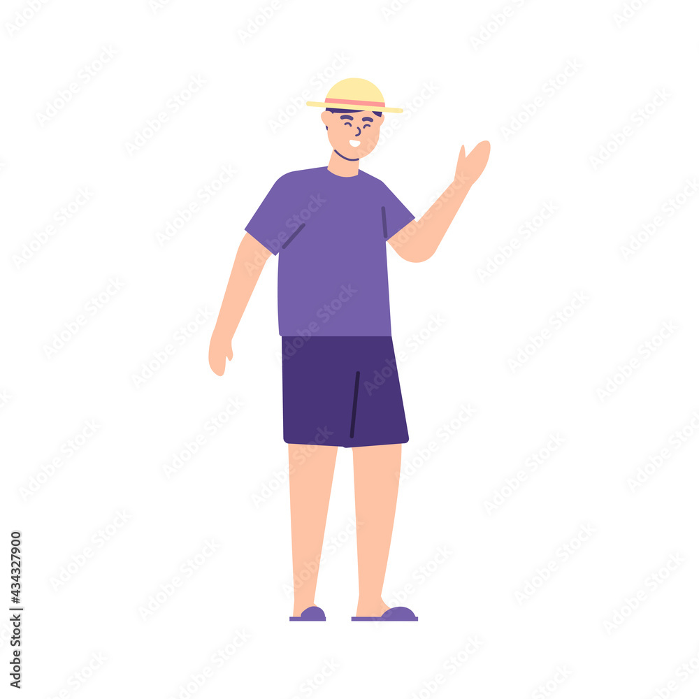 illustration of a boy waving. say hello or welcome. traveler. flat style. vector design