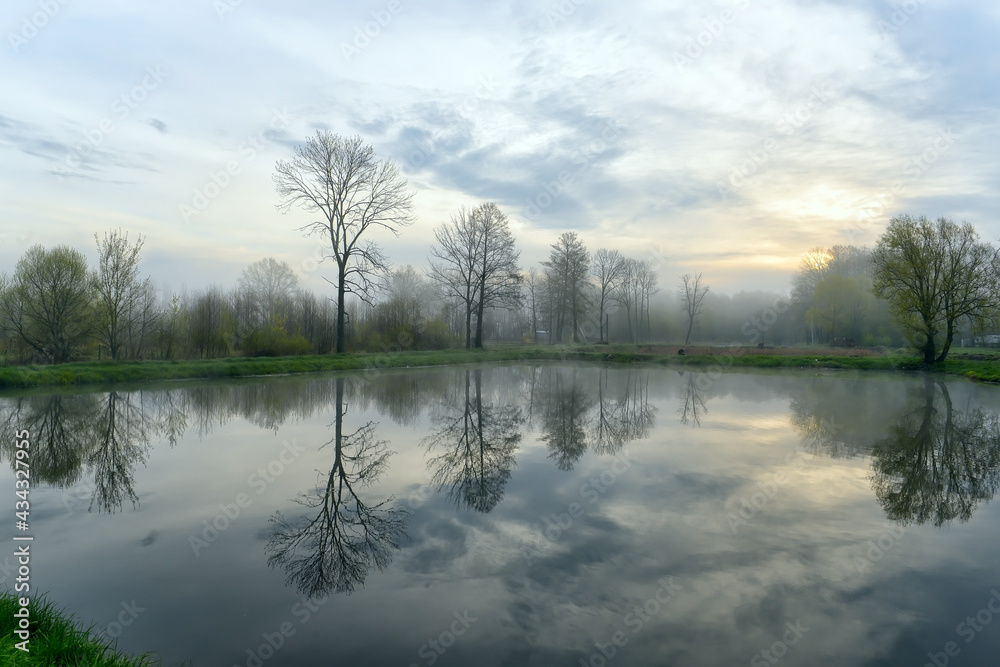Early foggy morning at the pond. Reflection of trees in the water. Spring morning. Early foggy morning at the pond. Reflection of trees in the water. Spring morning.