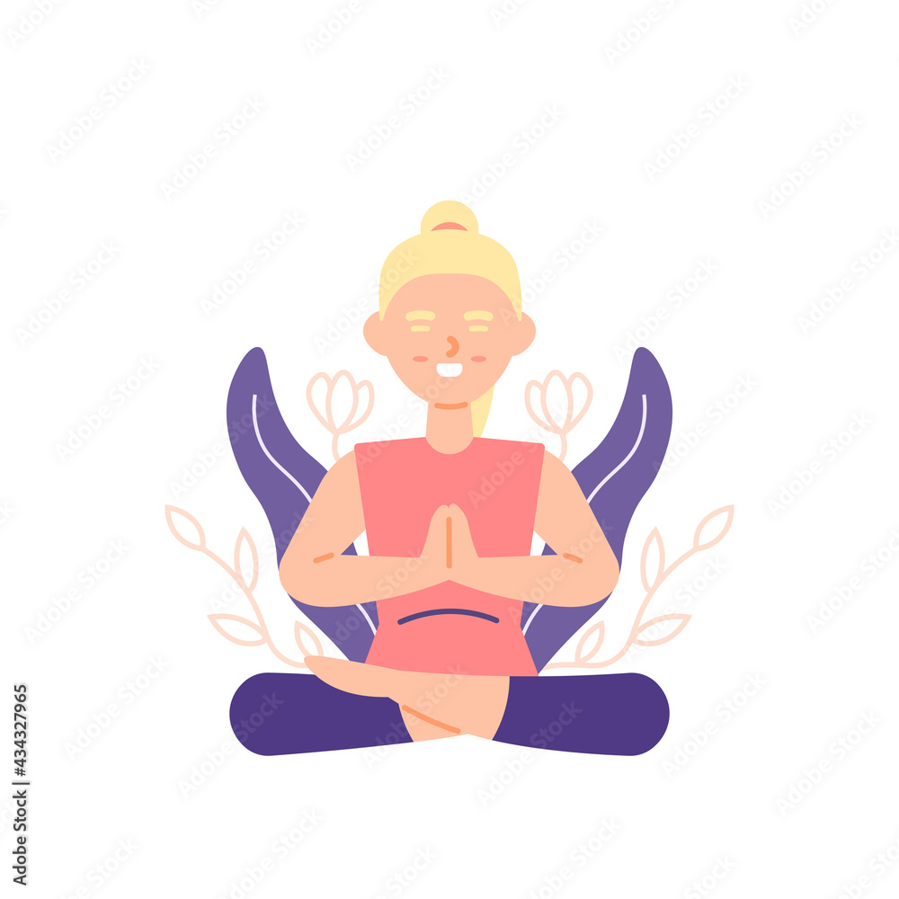 a woman doing meditation in nature. calming down, yoga, refreshing, mind therapy. sitting lotus. activities and sports. flat style. vector illustration design