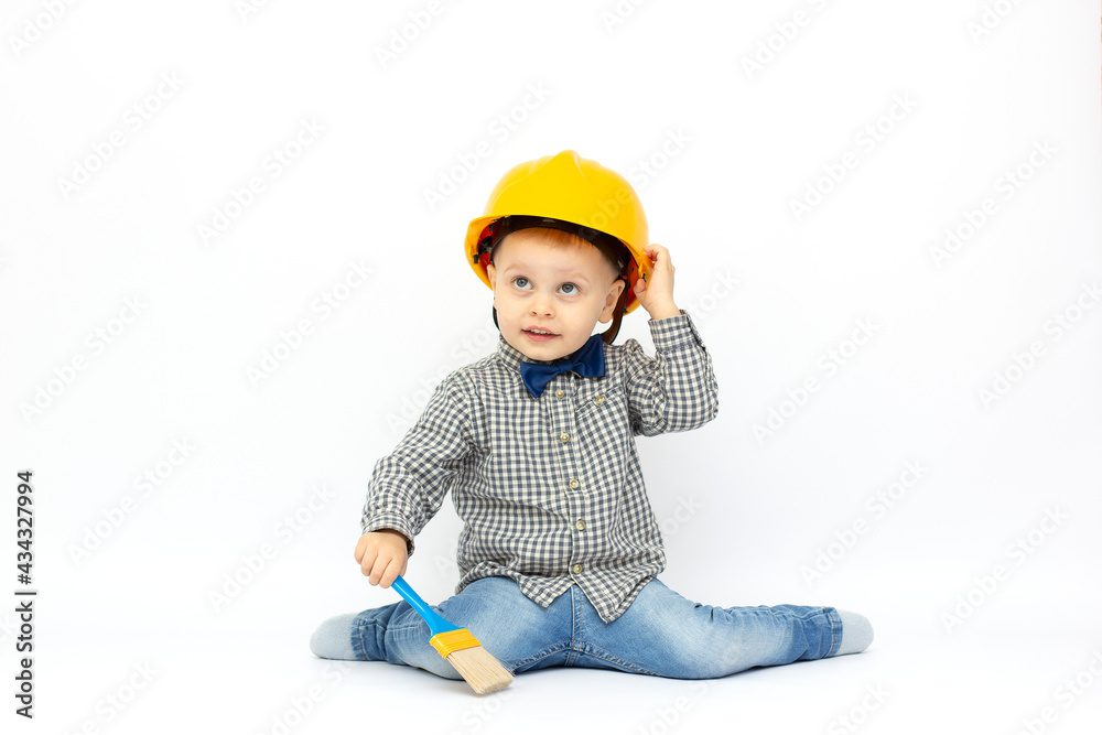 Baby Painting Brush Color. Child Boy Funny Little Designer, Small Kid Play in Hard Hat, Early Profession Concept, Isolated over White Background