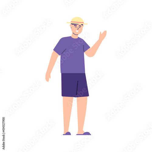 illustration of a boy waving. say hello or welcome. traveler. flat style. vector design © Papcut design 