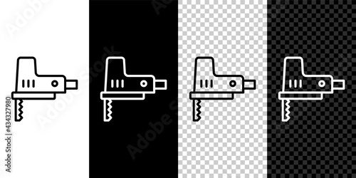 Set line Electric jigsaw with steel sharp blade icon isolated on black and white, transparent background. Power tool for woodwork. Vector