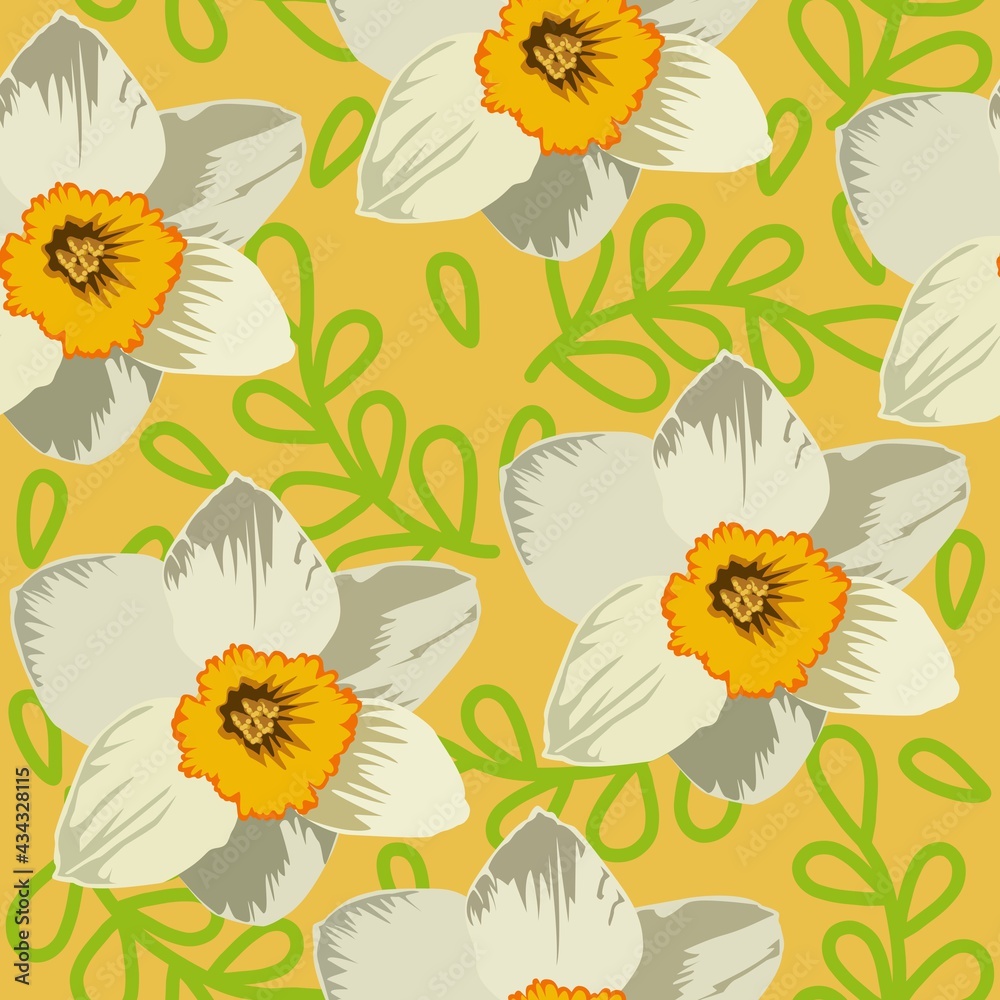 Vector seamless pattern, yellow daffodils with decorative branches on a yellow-orange background