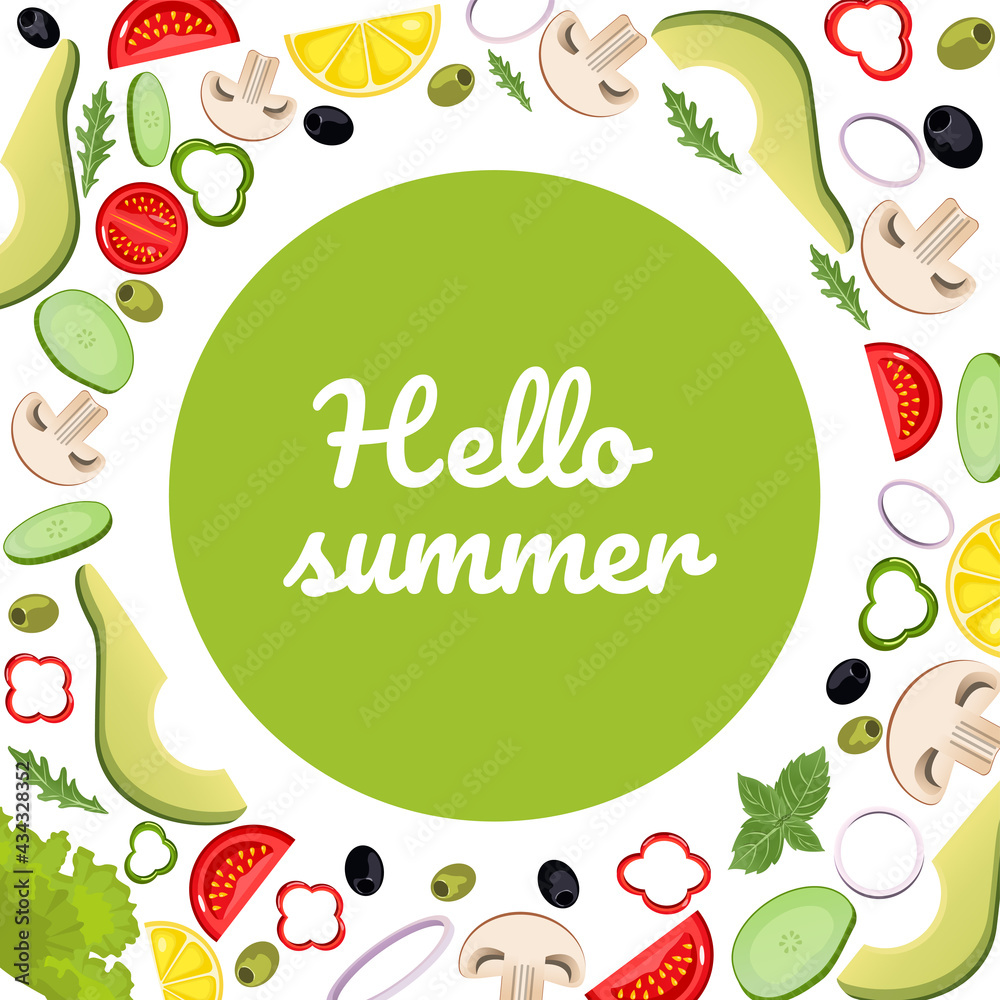 Vegetables in a cartoon style. Vector illustration. Square frame with tomato, avocado, olives, mushrooms, lemon, cucumber, pepper, lettuce, onion. Text on green background Hello summer. Vegetables in a cartoon style. Vector illustration. Square frame with tomato, avocado, olives, mushrooms, lemon, cucumber, pepper, lettuce, onion. Text on green background Hello summer.
