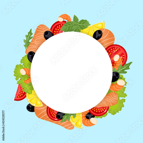 Seafood and vegetables in cartoon style. Vector illustration. Round template with empty space for text with shrimp, salmon, olive, lemon, tomato, arugula on blue isolated background. Copy space.