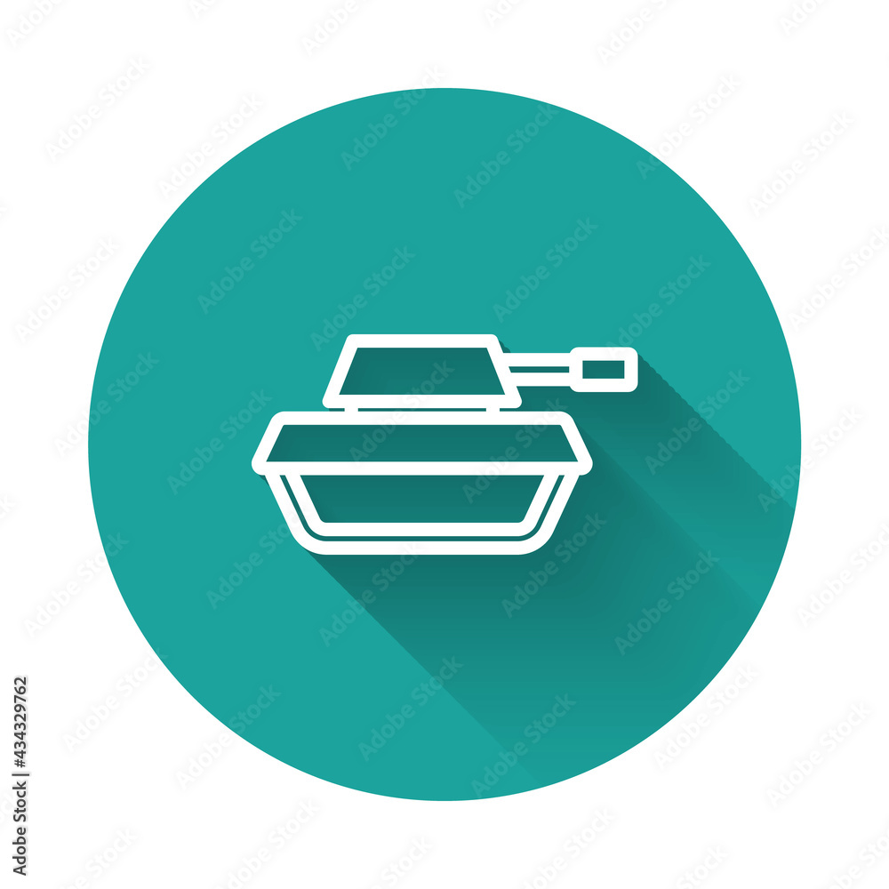 White line Military tank icon isolated with long shadow background. Green circle button. Vector White line Military tank icon isolated with long shadow background. Green circle button. Vector