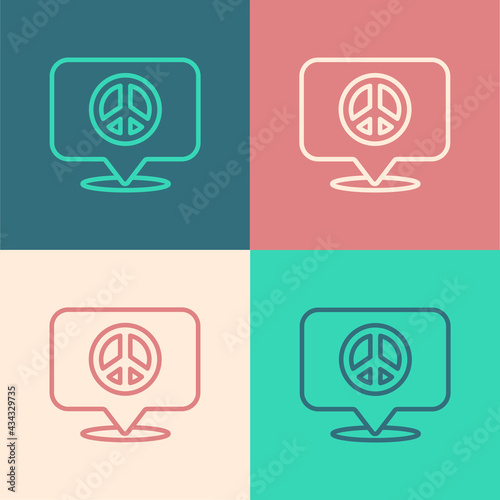 Pop art line Location peace icon isolated on color background. Hippie symbol of peace. Vector