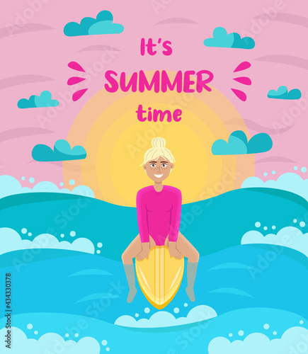 Blonde girl on surfboard in the sea. Summer time. Flat vector illustration. 