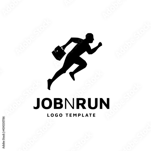 Businessman Silhouette Running Fast, Sprint Athlete bring office briefcase bag for Job Run Business Logo design