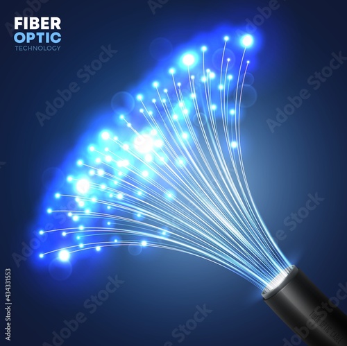 Fiber optic communication technology. Realistic vector cable with glowing bright blue light bundle of optic fibers. Telecommunication, data and Internet data transfer future tech background