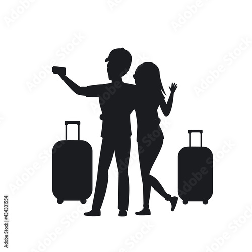 young couple going to vacations, taking selfie, silhouette