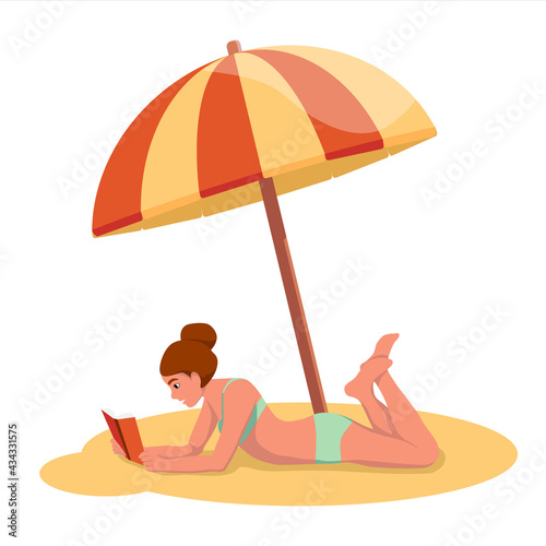 Young woman reading a book on the beach. The girl is resting on the beach. Vector illustration in flat style.