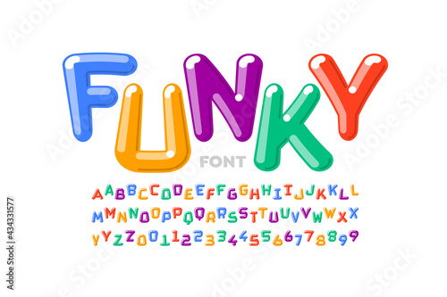 Funky playful style font design, colorful alphabet letters and numbers, vector illustration