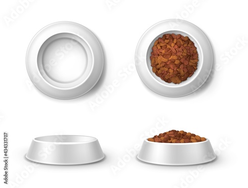 Realistic feed bowl, pet food plates 3d vector mockup front and top view. Blank full and empty crockery for cats and dogs, zoo shop dishes, items for domestic animal snack isolated on white background