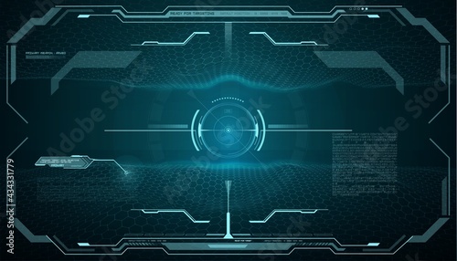 HUD futuristic monitor screen, target aim control interface. Vector ski fi UI frame, military optical aiming, spaceship crosshair. Modern techno element, collimator sight, gun focus range indication