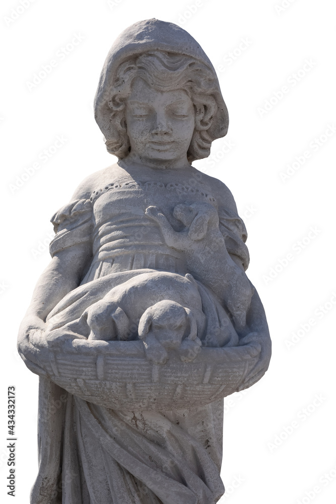 Close up of stone sculpture of girl holding puppies in basket on white background Close up of stone sculpture of girl holding puppies in basket on white background