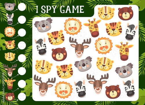 Kids I spy game with cartoon funny animals characters. Vector educational riddle with koala, lion or leopard, giraffe and tiger with bear, zebra and moose. Development of numeracy skills and attention © Buch&Bee