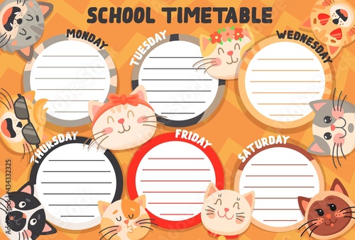 School timetable schedule funny cats and kittens. Education vector weekly planner template with cute cartoon characters. Kids time table for lessons with frames for classes list and kitty muzzles