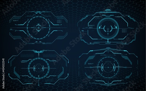 HUD aim control frame interface, futuristic target screen. Vector ski-fi monitor military optical aiming, spaceship crosshair. Modern techno UI element, collimator sight, gun focus range indication