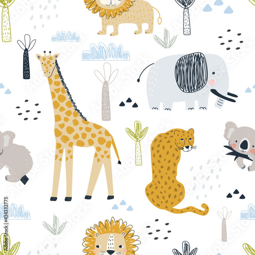 Seamless pattern with cute animals lion cub, leopard, giraffe, elephant and koala on white background. Vector illustration for printing on fabric, packaging paper, clothing. Cute baby background
