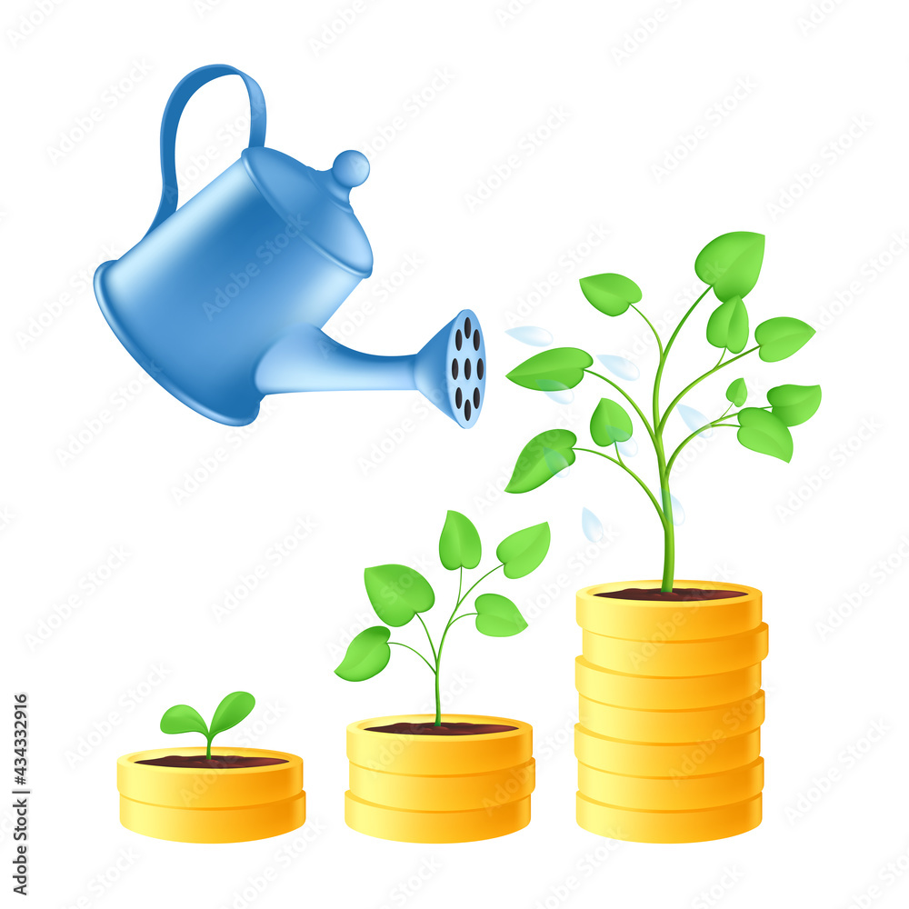 Watering can pours water on a stack of gold coins. Business investment and saving money concept with green plant growth stages. Vector illustration of financial growth isolated on a white background Watering can pours water on a stack of gold coins. Business investment and saving money concept with green plant growth stages. Vector illustration of financial growth isolated on a white background